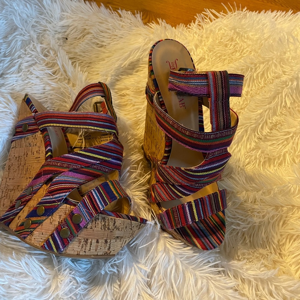 Cork bottom multi color wedge sandals